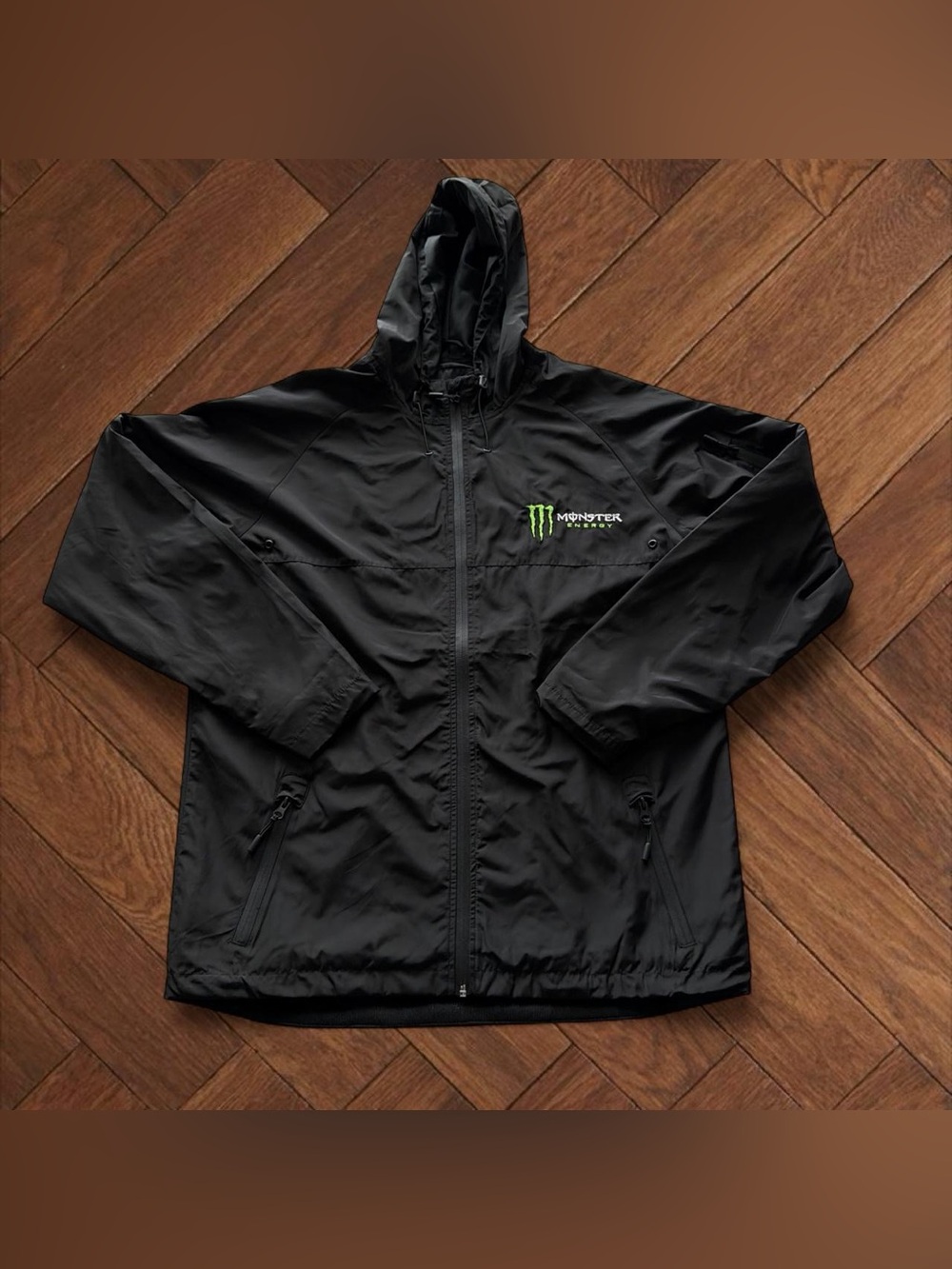 Monster Energy Men's Official Merch Black Hooded Windbreaker Jacket Size XL
